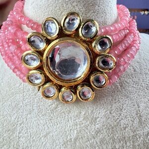 Pink Glass Beaded with Gold Accents Necklace